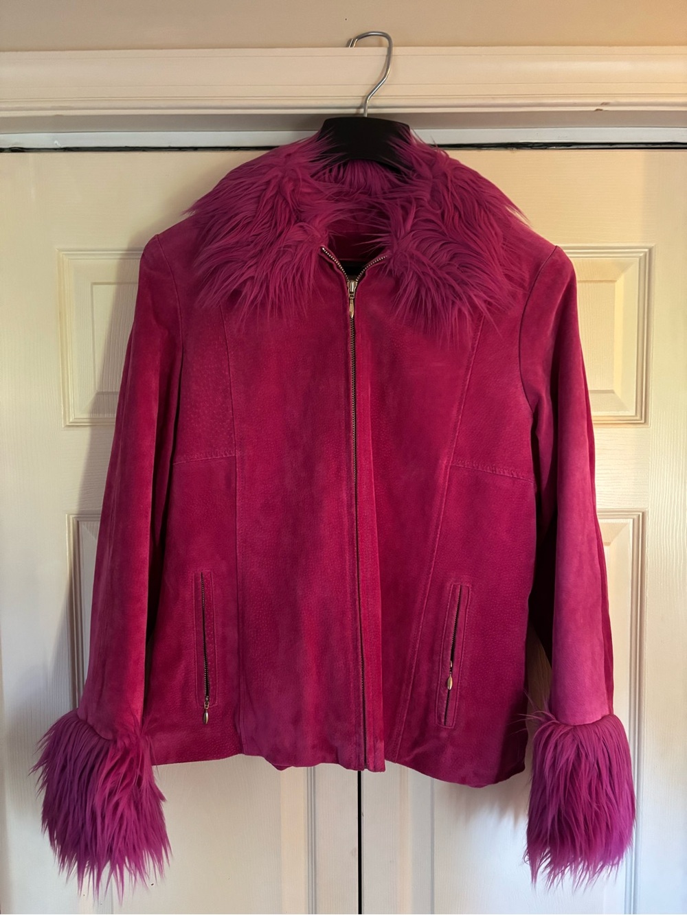 Wilsons Leather Maxima Womens L Pink Genuine Leather Faux Fur Trim Jacket